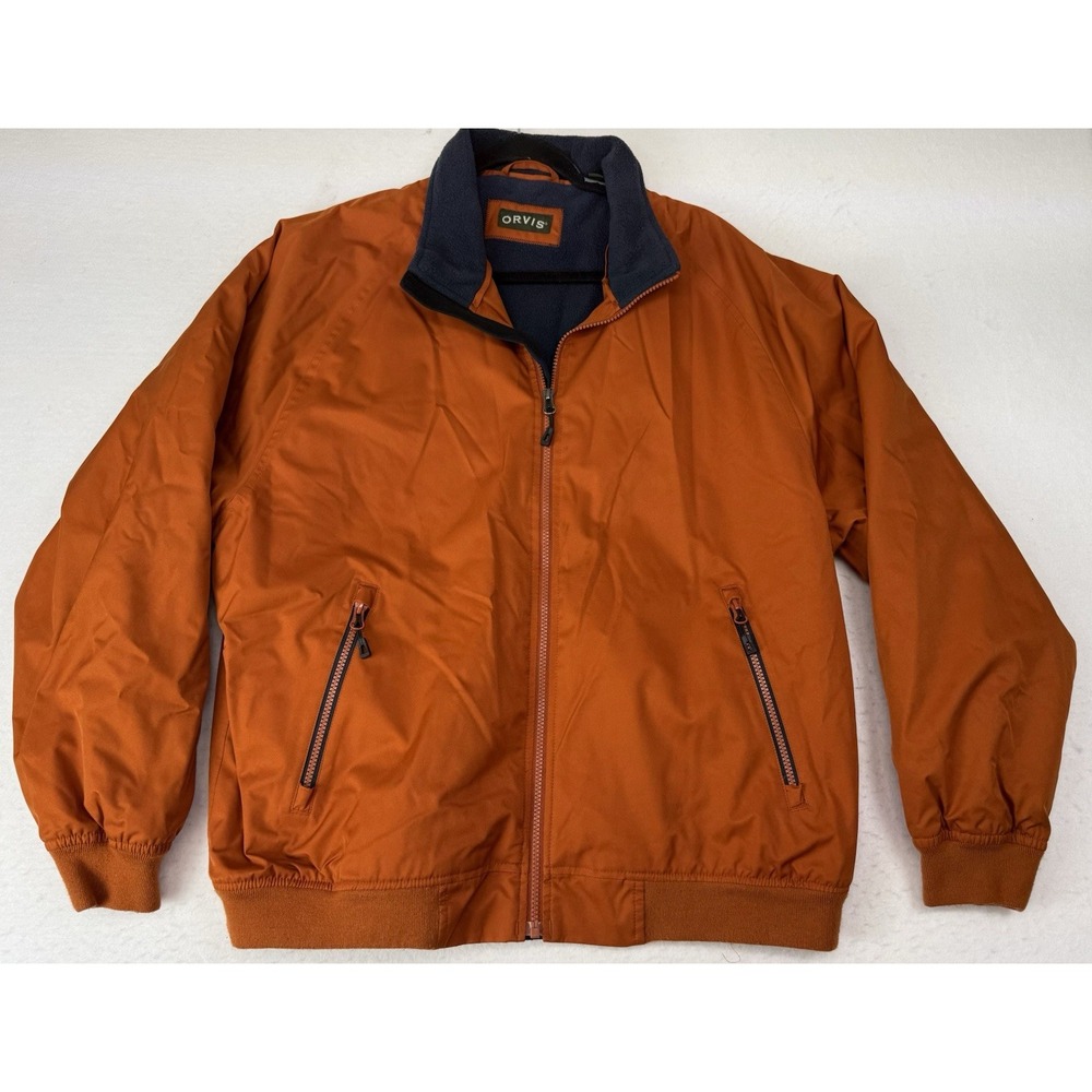 Orvis Mens Raincoat Jacket Large Orange Fleece Lined Full Zip Pockets Poly Shell